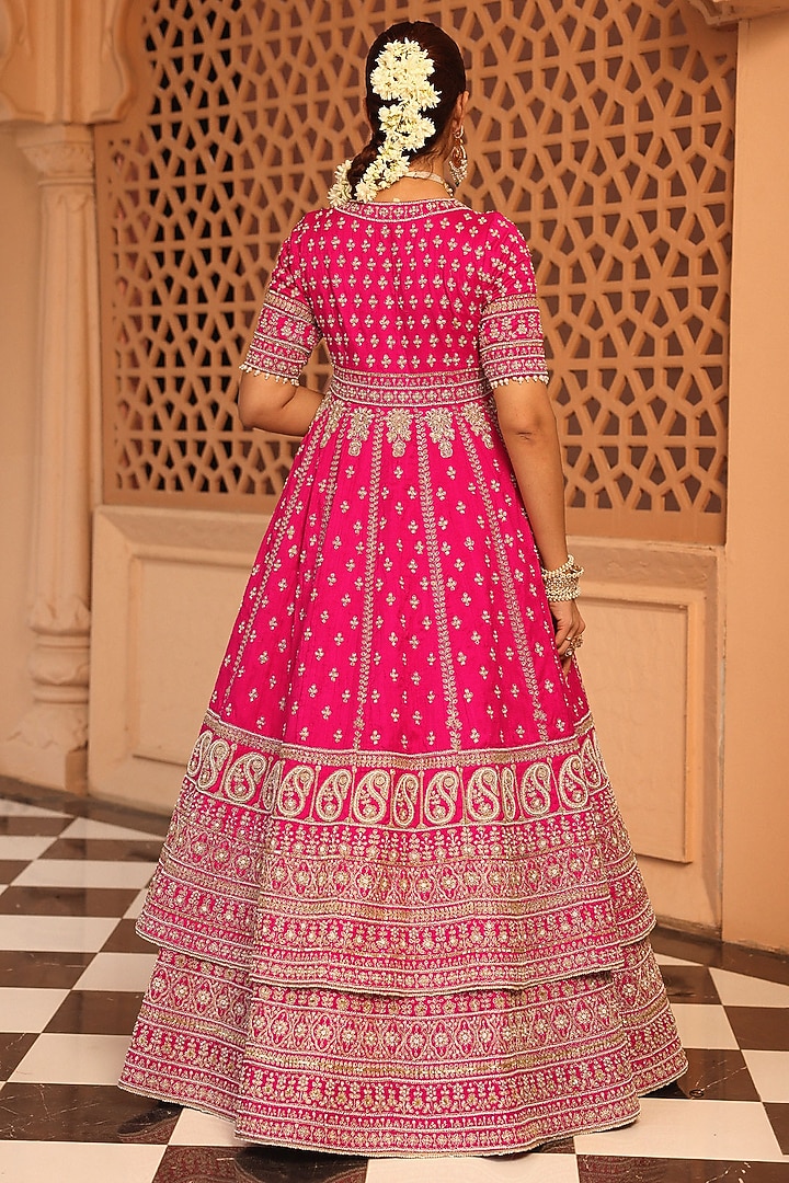 Hot Pink Raw Silk Kindori Embroidered Anarkali Bridal Lehenga Set by Sheetal Batra at Pernia's Pop Up Shop