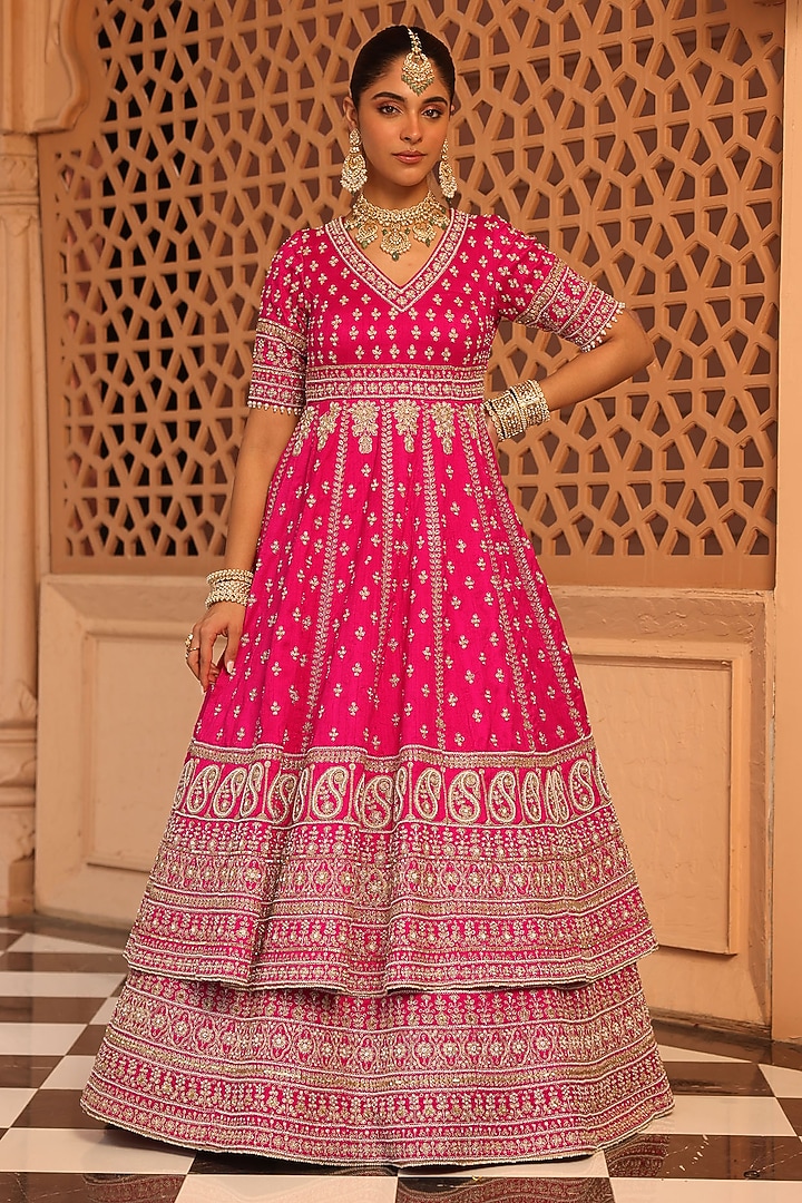 Hot Pink Raw Silk Kindori Embroidered Anarkali Bridal Lehenga Set by Sheetal Batra at Pernia's Pop Up Shop