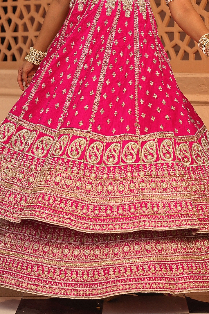 Hot Pink Raw Silk Kindori Embroidered Anarkali Bridal Lehenga Set by Sheetal Batra at Pernia's Pop Up Shop