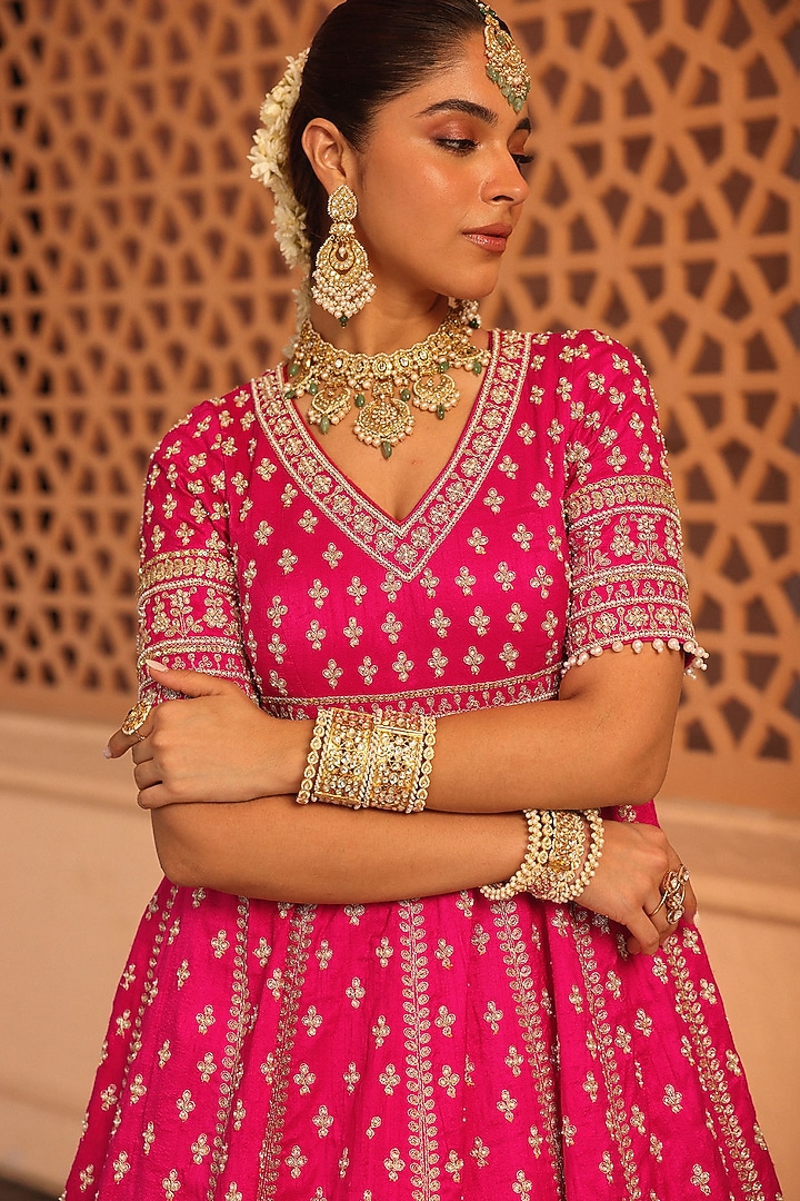 Hot Pink Raw Silk Kindori Embroidered Anarkali Bridal Lehenga Set by Sheetal Batra at Pernia's Pop Up Shop