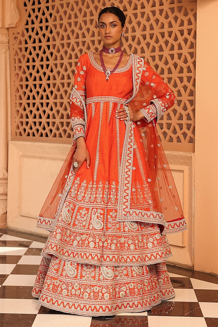 Orange Raw Silk Kindori Embroidered Anarkali Bridal Lehenga Set by Sheetal Batra at Pernia's Pop Up Shop