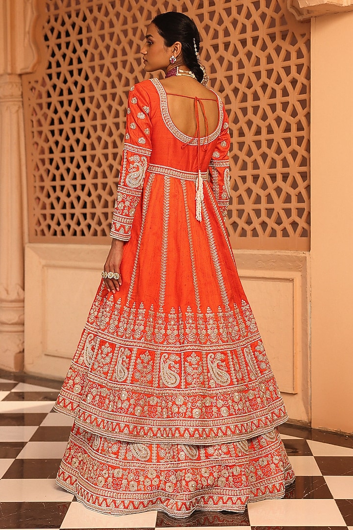 Orange Raw Silk Kindori Embroidered Anarkali Bridal Lehenga Set by Sheetal Batra at Pernia's Pop Up Shop