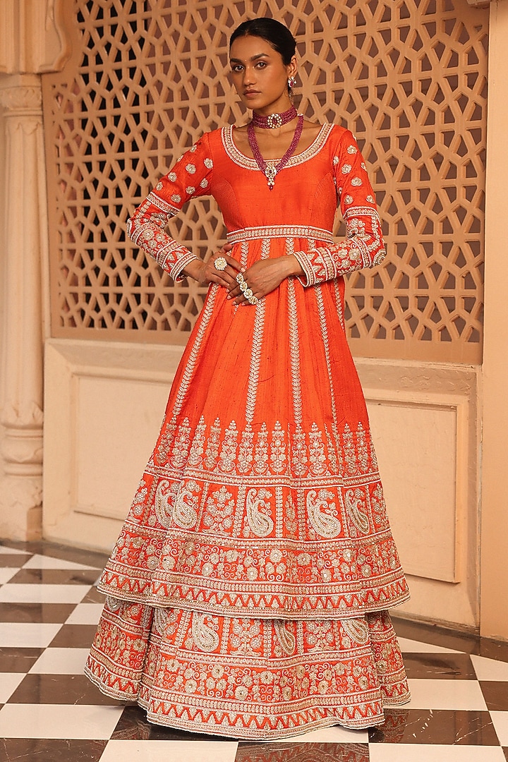 Orange Raw Silk Kindori Embroidered Anarkali Bridal Lehenga Set by Sheetal Batra at Pernia's Pop Up Shop