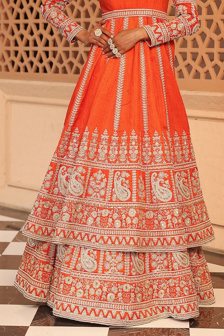 Orange Raw Silk Kindori Embroidered Anarkali Bridal Lehenga Set by Sheetal Batra at Pernia's Pop Up Shop