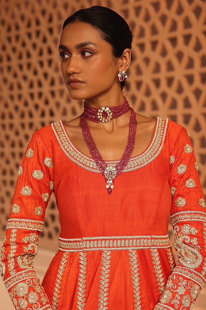 Orange Raw Silk Kindori Embroidered Anarkali Bridal Lehenga Set by Sheetal Batra at Pernia's Pop Up Shop