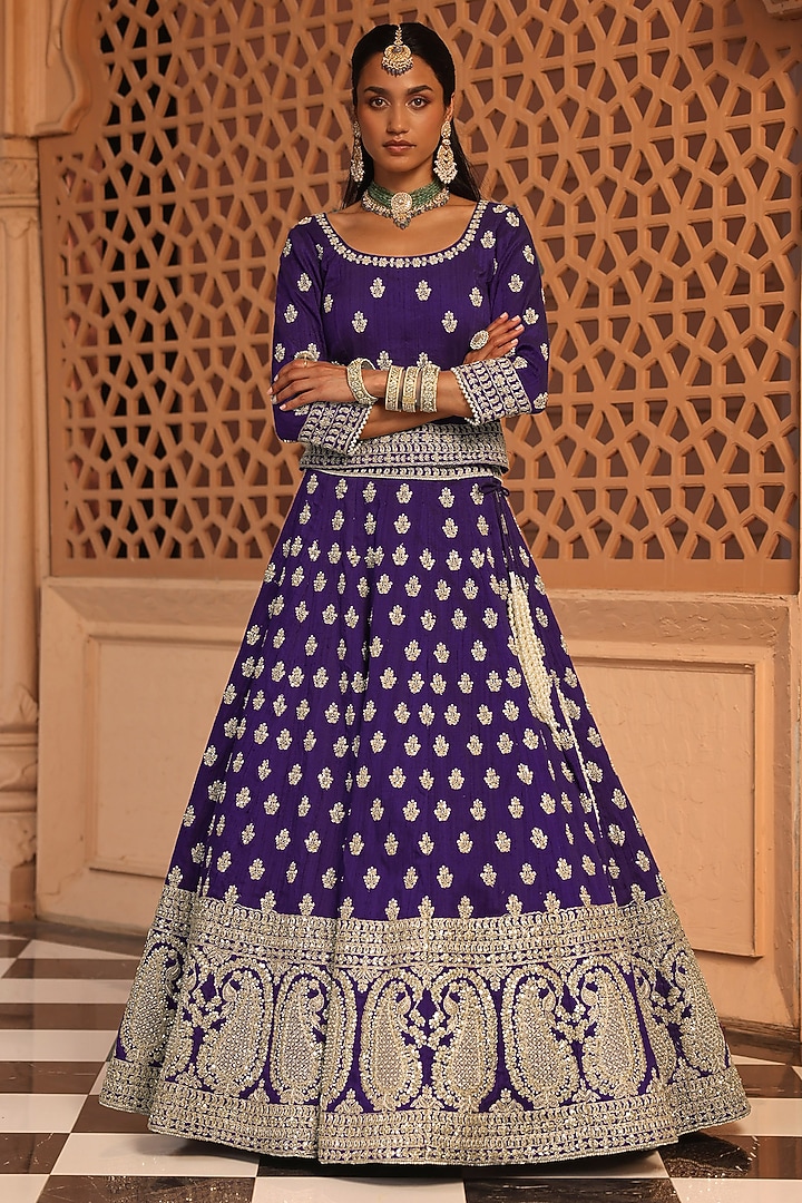 Purple Raw Silk Zardosi & Dabka Embroidered Bridal Lehenga Set by Sheetal Batra at Pernia's Pop Up Shop