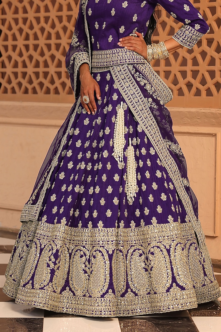Purple Raw Silk Zardosi & Dabka Embroidered Bridal Lehenga Set by Sheetal Batra at Pernia's Pop Up Shop