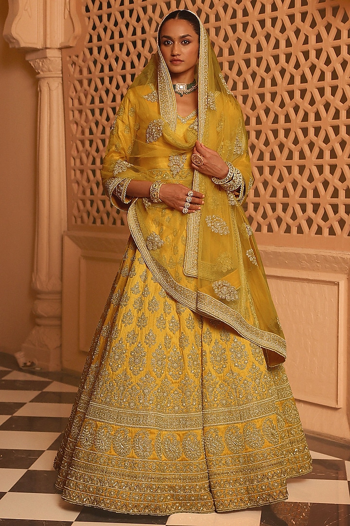 Mustard Raw Silk Zardosi & Dabka Embroidered Bridal Lehenga Set by Sheetal Batra at Pernia's Pop Up Shop