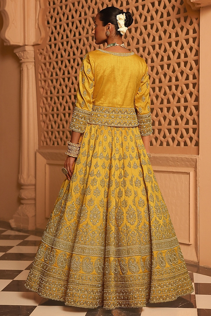 Mustard Raw Silk Zardosi & Dabka Embroidered Bridal Lehenga Set by Sheetal Batra at Pernia's Pop Up Shop