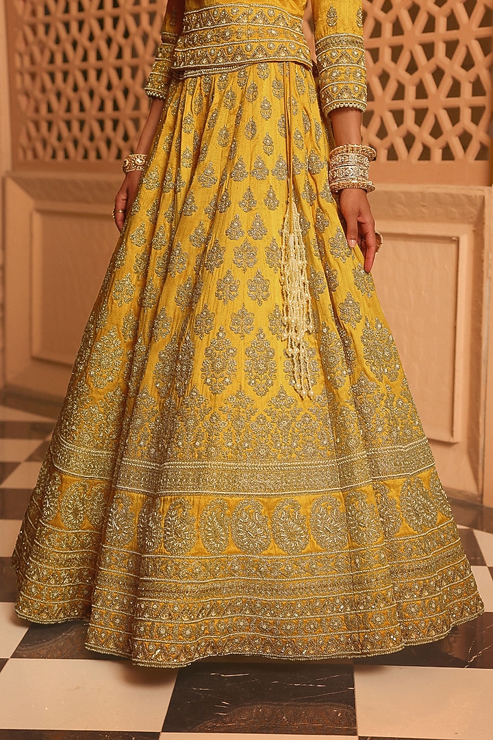 Mustard Raw Silk Zardosi & Dabka Embroidered Bridal Lehenga Set by Sheetal Batra at Pernia's Pop Up Shop