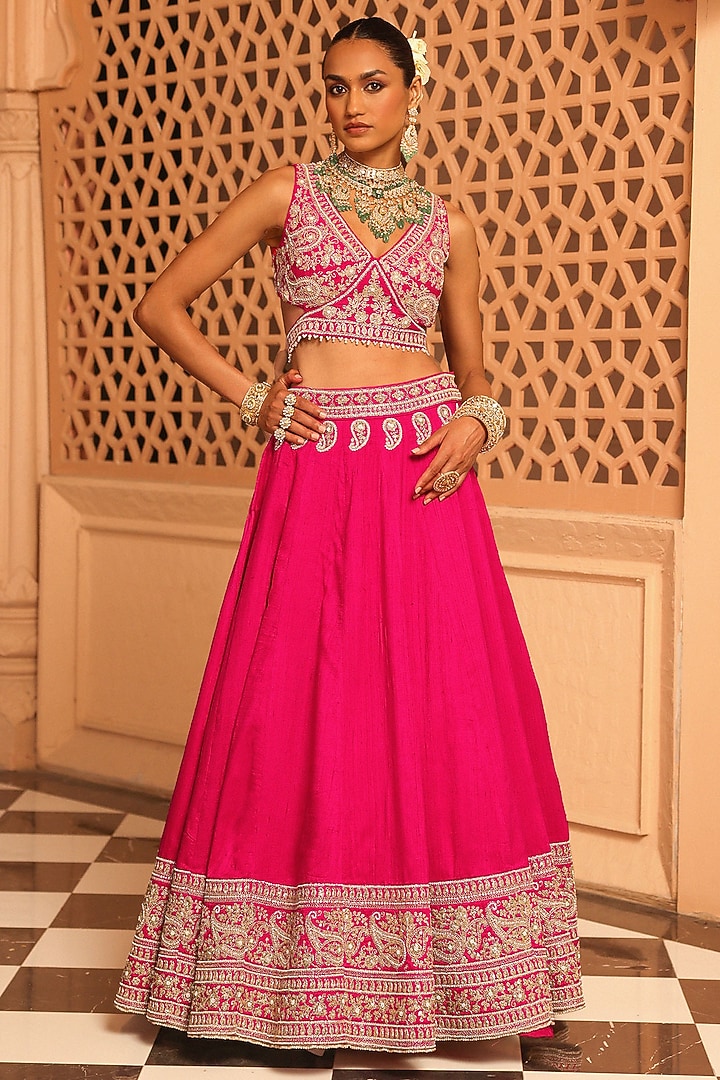 Hot Pink Raw Silk Zardosi & Dabka Embroidered Wedding Lehenga Set by Sheetal Batra at Pernia's Pop Up Shop