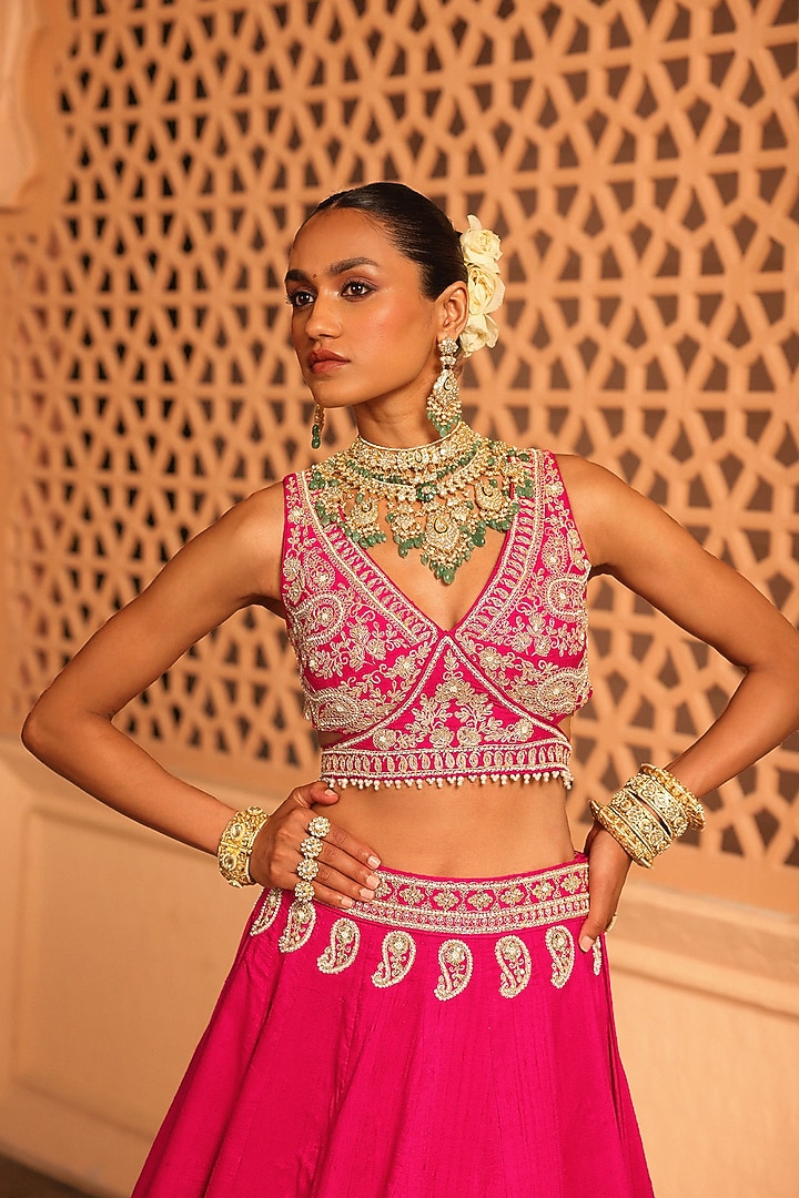 Hot Pink Raw Silk Zardosi & Dabka Embroidered Wedding Lehenga Set by Sheetal Batra at Pernia's Pop Up Shop