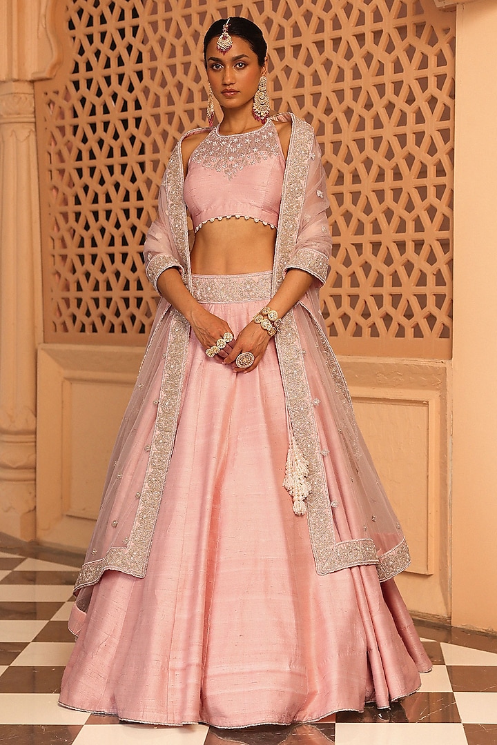 Rose Pink Raw Silk Zardosi & Dabka Embroidered Wedding Lehenga Set by Sheetal Batra at Pernia's Pop Up Shop