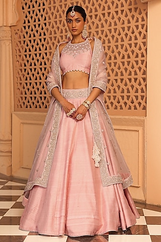 Rose Pink Raw Silk Zardosi & Dabka Embroidered Lehenga Set by Sheetal Batra