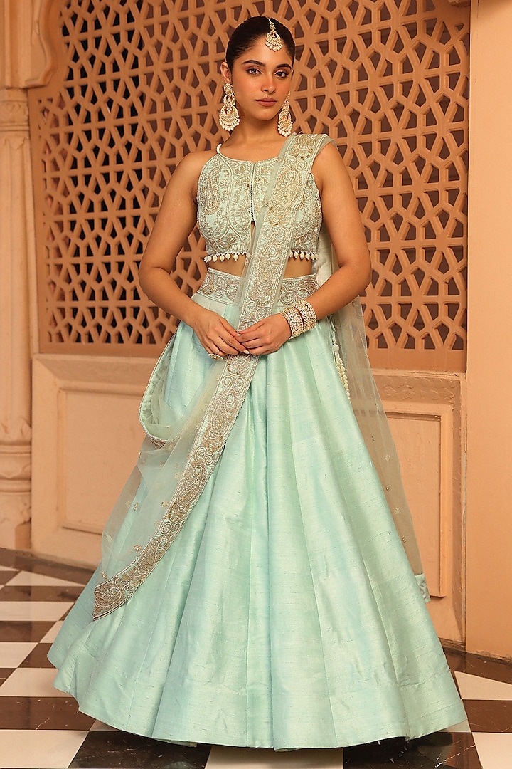 Misty Green Raw Silk Zardosi & Dabka Embroidered Wedding Lehenga Set by Sheetal Batra at Pernia's Pop Up Shop