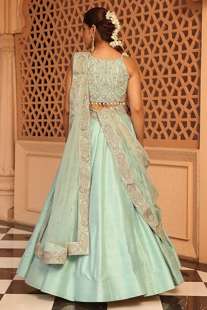 Misty Green Raw Silk Zardosi & Dabka Embroidered Wedding Lehenga Set by Sheetal Batra at Pernia's Pop Up Shop