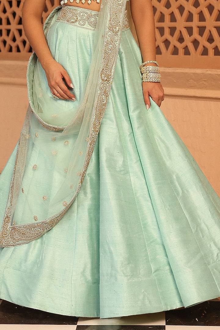 Misty Green Raw Silk Zardosi & Dabka Embroidered Wedding Lehenga Set by Sheetal Batra at Pernia's Pop Up Shop