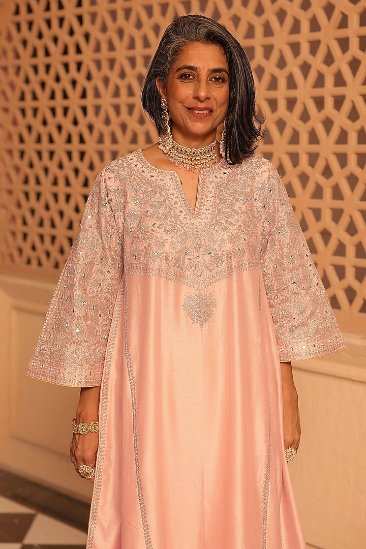 Rose Pink Silk Chanderi Kashmiri Tilla Embroidered Kurta Set by Sheetal Batra at Pernia's Pop Up Shop