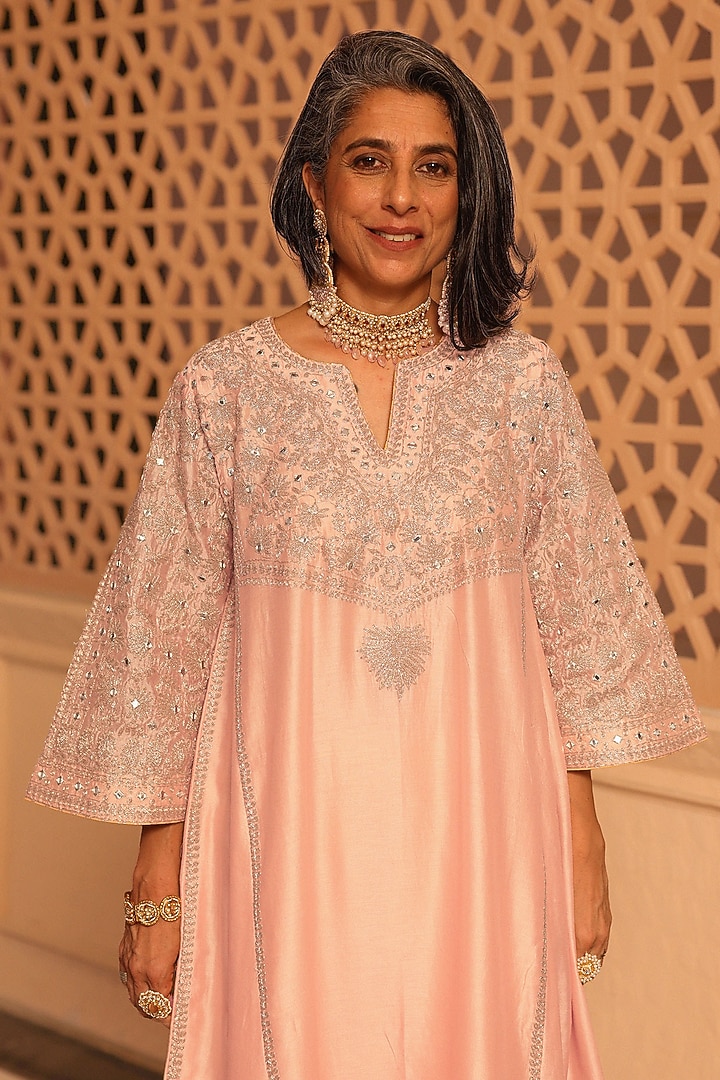 Rose Pink Silk Chanderi Kashmiri Tilla Embroidered Kurta Set by Sheetal Batra at Pernia's Pop Up Shop