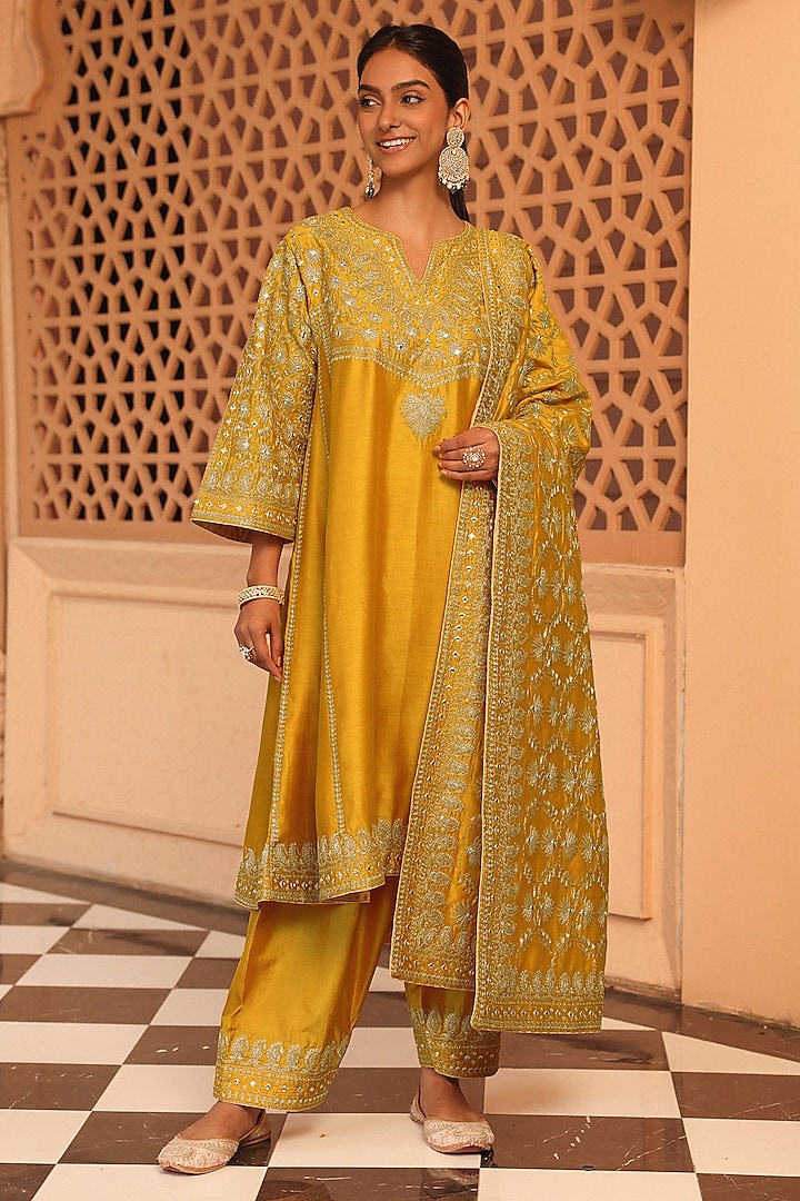 Mustard Silk Chanderi Kashmiri Tilla Embroidered Kurta Set by Sheetal Batra