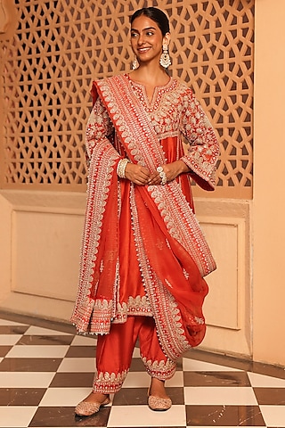Burnt Orange Silk Chanderi Kashmiri Tilla Embroidered Kurta Set by Sheetal Batra