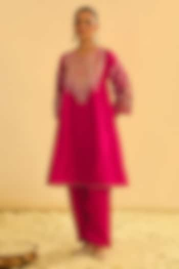 Hot Pink Pure Silk Chanderi Kashmiri Tilla Embroidered Kurta Set by Sheetal Batra