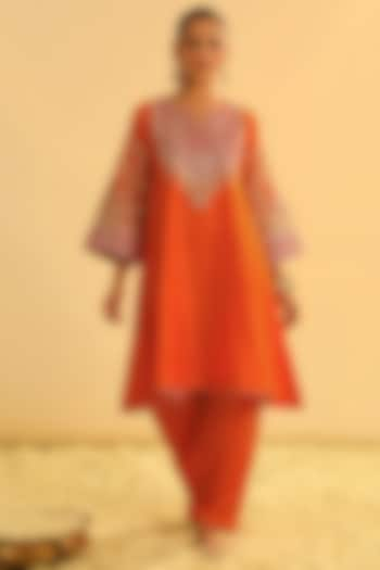 Orange Pure Silk Chanderi Kashmiri Tilla Embroidered Kurta Set by Sheetal Batra