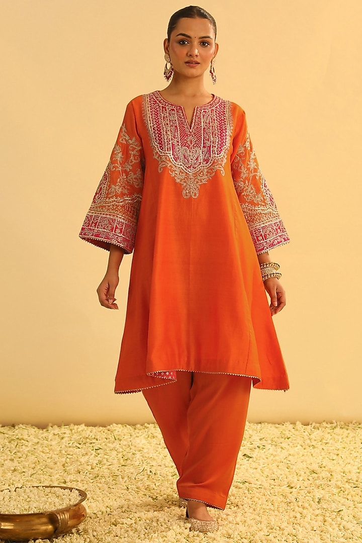 Orange Pure Silk Chanderi Kashmiri Tilla Embroidered Kurta Set by Sheetal Batra