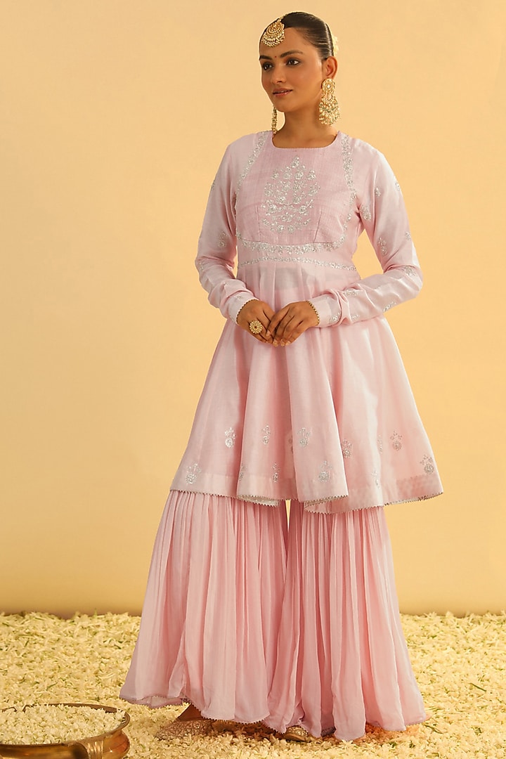 Rose Pink Georgette Kashmiri Tilla Embroidered Gharara Set by Sheetal Batra at Pernia's Pop Up Shop