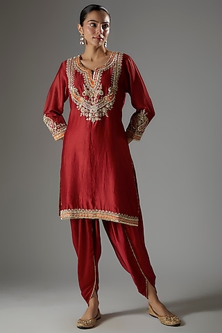 Red Silk Chanderi Parsi Gara Embroidered Kurta Set by Sheetal Batra