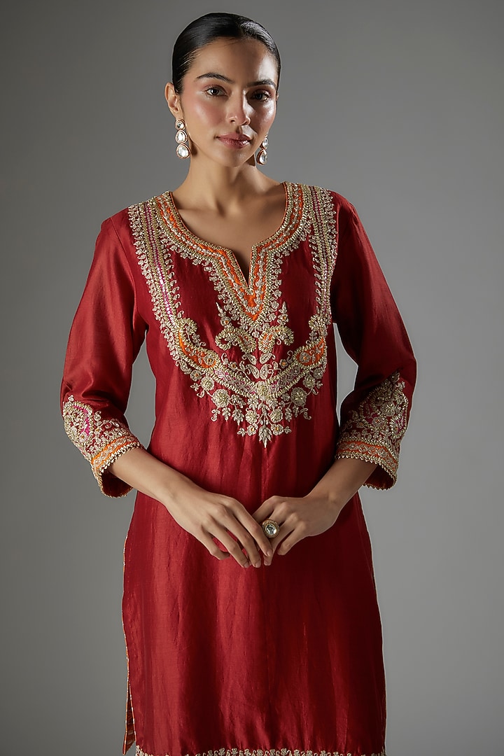 Red Silk Chanderi Parsi Gara Embroidered Kurta Set by Sheetal Batra at Pernia's Pop Up Shop