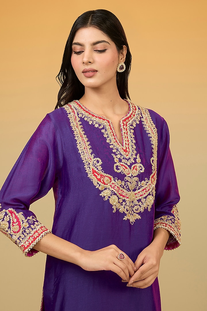 Purple Silk Chanderi Gota Hand Embroidered Kurta Set by Sheetal Batra at Pernia's Pop Up Shop