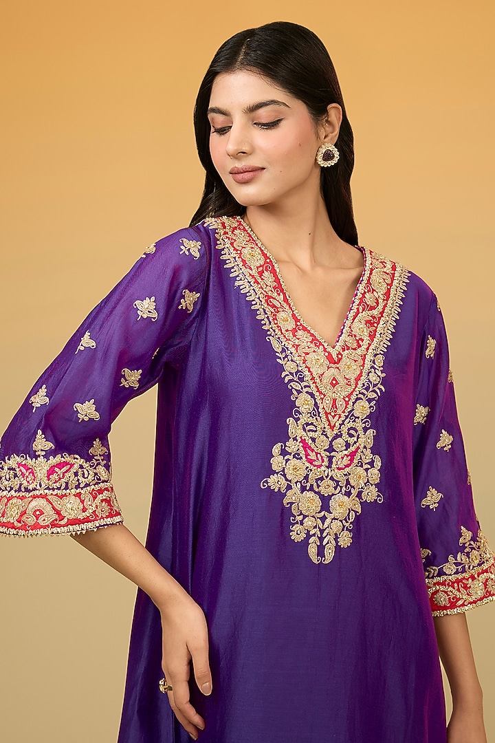 Purple Silk Chanderi Banarasi Gota Hand Embroidered Kurta Set by Sheetal Batra at Pernia's Pop Up Shop