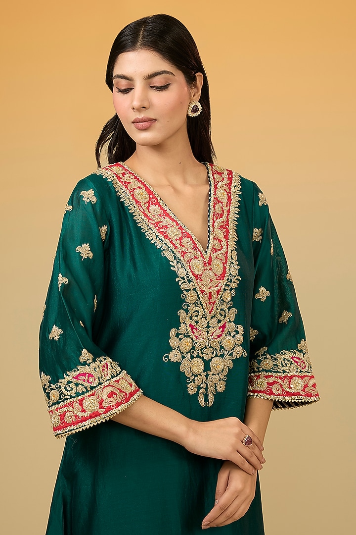 Green Silk Chanderi Banarasi Gota Hand Embroidered Kurta Set by Sheetal Batra at Pernia's Pop Up Shop