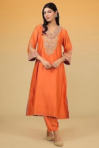Orange Silk Chanderi Banarasi Gota Hand Embroidered A-Line Kurta Set by Sheetal Batra