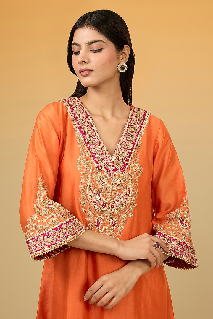 Orange Silk Chanderi Banarasi Gota Hand Embroidered A-Line Kurta Set by Sheetal Batra at Pernia's Pop Up Shop