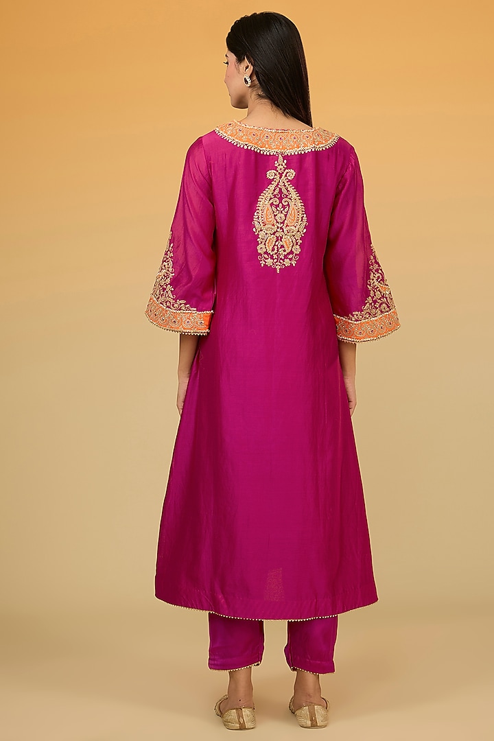 Pink Silk Chanderi Banarasi Gota Hand Embroidered A-Line Kurta Set by Sheetal Batra at Pernia's Pop Up Shop