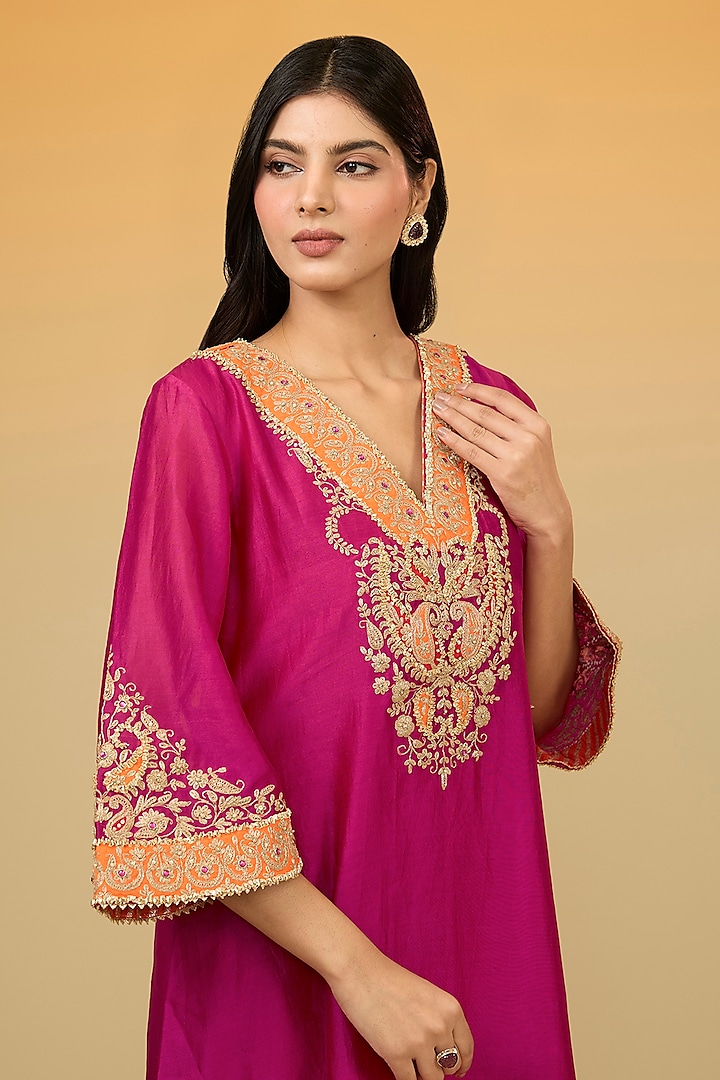 Pink Silk Chanderi Banarasi Gota Hand Embroidered A-Line Kurta Set by Sheetal Batra at Pernia's Pop Up Shop