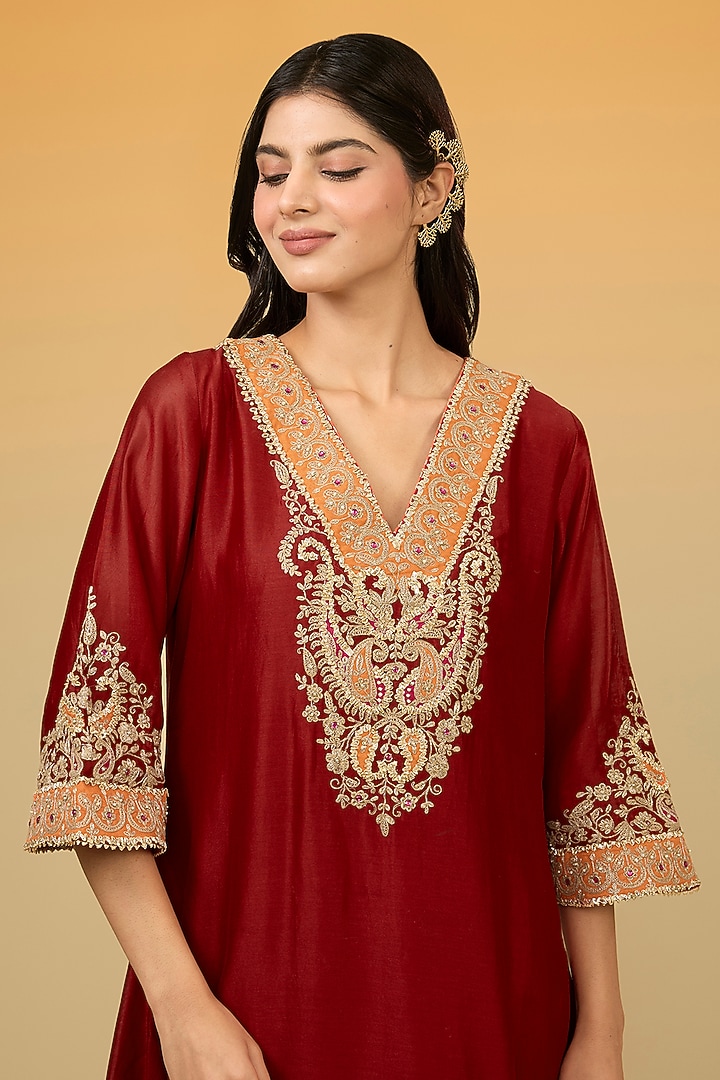 Red Silk Chanderi Banarasi Gota Hand Embroidered A-Line Kurta Set by Sheetal Batra at Pernia's Pop Up Shop
