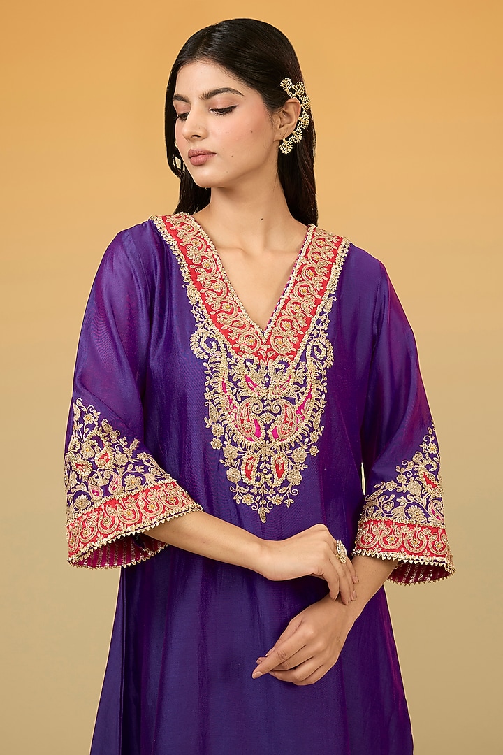 Purple Silk Chanderi Banarasi Gota Hand Embroidered A-Line Kurta Set by Sheetal Batra at Pernia's Pop Up Shop