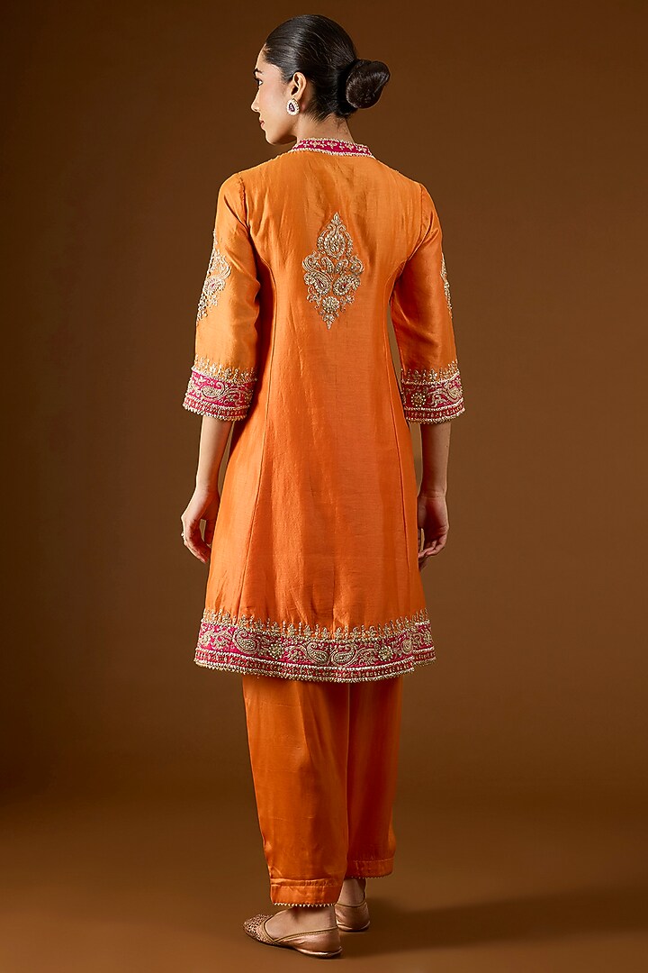 Orange Silk Chanderi Kashmiri Tilla Embroidered Kurta Set by Sheetal Batra at Pernia's Pop Up Shop