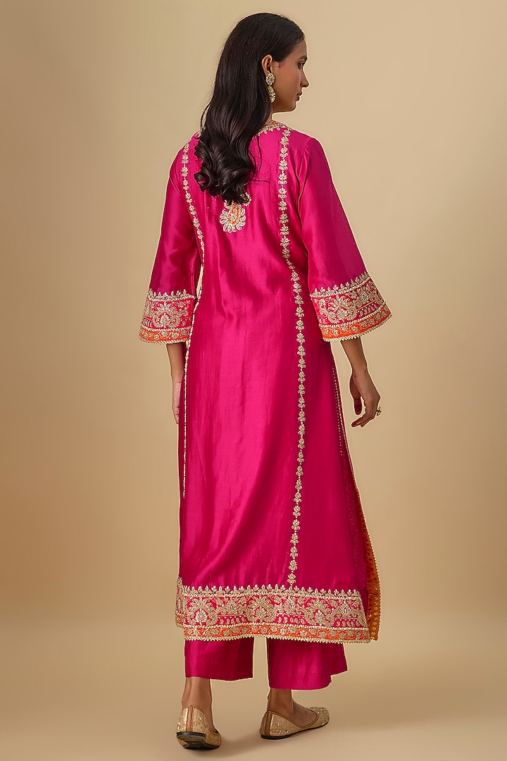 Hot Pink Silk Chanderi Kashmiri Tilla Embroidered Kurta Set by Sheetal Batra at Pernia's Pop Up Shop