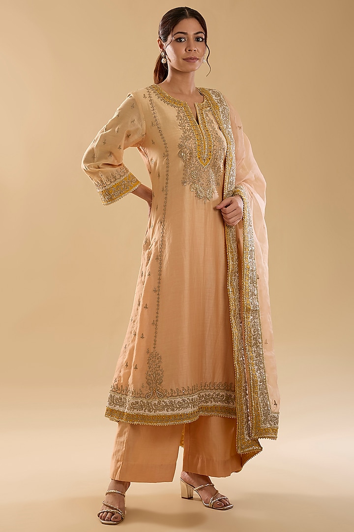 Rose Pink Silk Chanderi Kashmiri Tilla Embroidered Kurta Set by Sheetal Batra at Pernia's Pop Up Shop