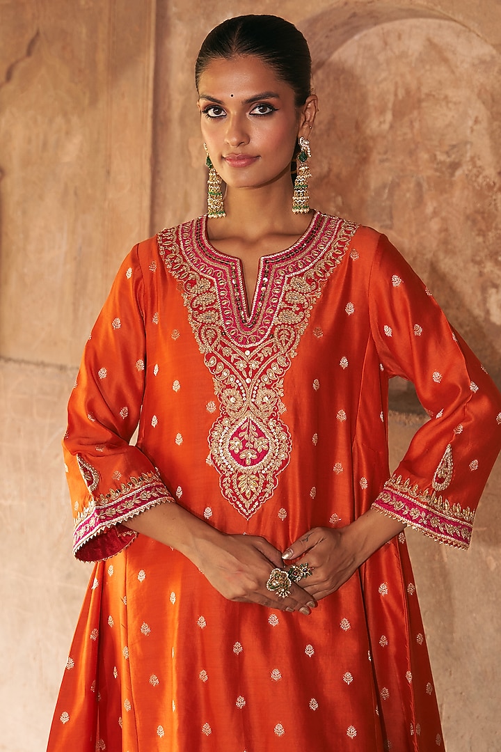 Burnt Orange Silk Chanderi Banarasi Gota Patti Embroidered Kurta Set by Sheetal Batra at Pernia's Pop Up Shop