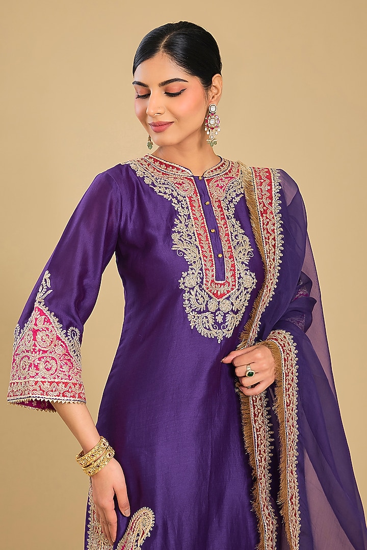 Purple Silk Chanderi Tilla Embroidered Kurta Set by Sheetal Batra at Pernia's Pop Up Shop