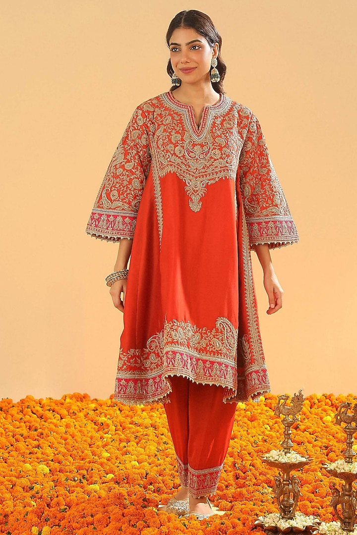 Burnt Orange Silk Chanderi Dabka Embroidered Kurta Set by Sheetal Batra at Pernia's Pop Up Shop