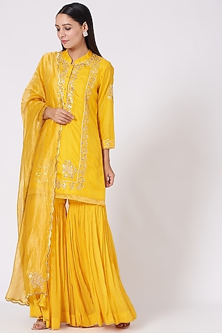 Mustard Georgette Gharara Set by Sheetal Batra