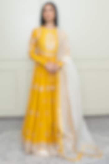 Glaze Mustard Tilla Embroidered Anarkali Set by Sheetal Batra