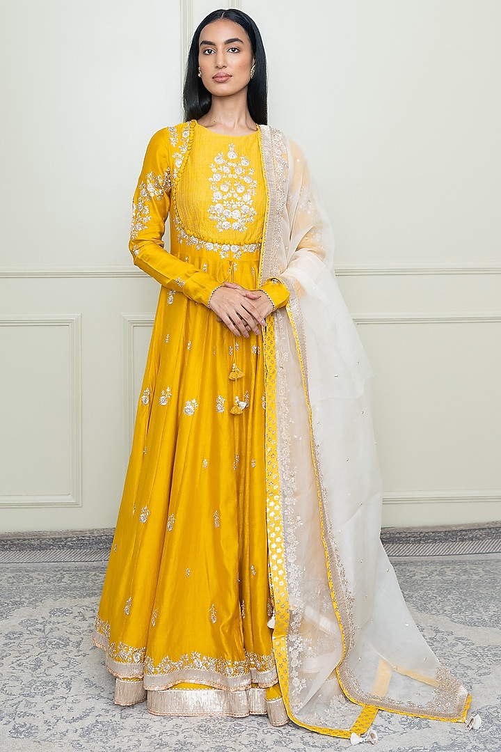 Glaze Mustard Tilla Embroidered Anarkali Set by Sheetal Batra