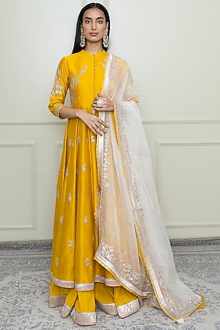 Glaze Mustard Pearl Embroidered Anarkali Set by Sheetal Batra